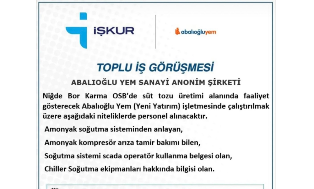 İŞKUR aracılığıyla düzenlenen toplu iş görüşmesi, 17 Eylül 2024 Salı günü saat 11:00’de 