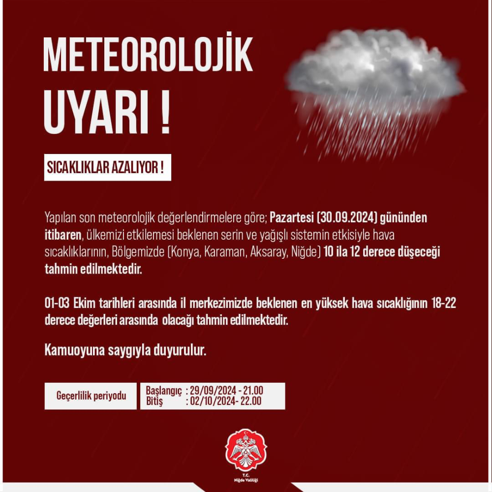 Niğde Valiliği’nden Meteorolojik Uyarı: Sıcaklıklar Düşüyor!