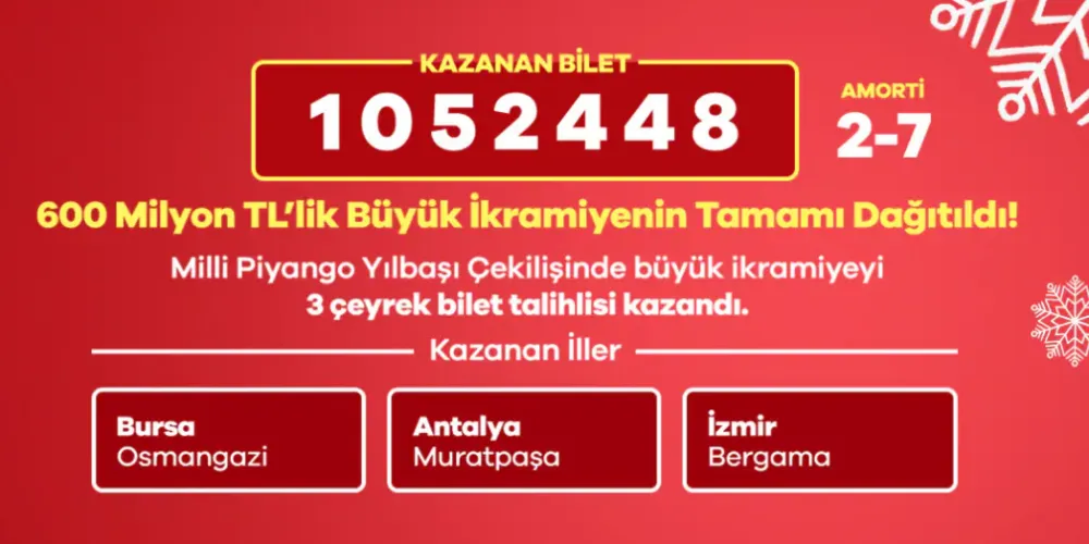  BÜYÜK İKRAMİYE 3 ŞEHRE ÇIKTI