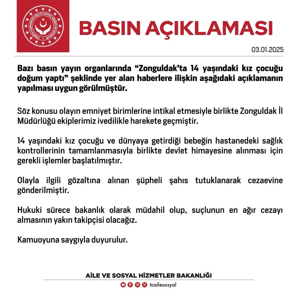 AİLE VE SOSYAL HİZMETLER BAKANLIĞINDAN  DOĞUM YAPAN 14 YAŞINDAKİ ÇOCUKLA İLGİLİ AÇIKLAMA