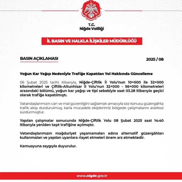  NİĞDE-ÇİFTLİK YOLU YENİDEN ULAŞIMA AÇILDI